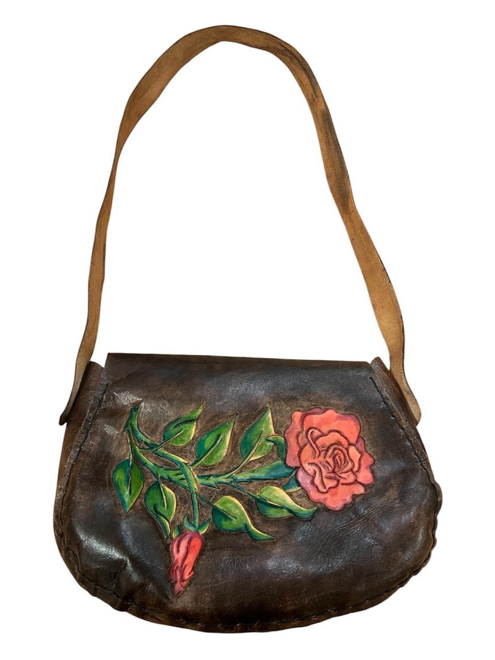 ๐นHand-Tooled Brown Leather Red Rose Saddle Shoulder Bag Western Boho Vintage - Picture 1 of 7